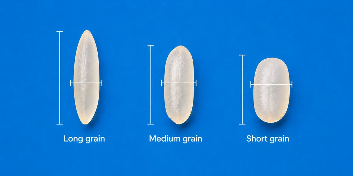 Tres granos de arroz elaborado de longitud decreciente uno junto al otro, etiquetados como grano largo, grano medio y grano corto, cada uno con una guía de medición de longitud