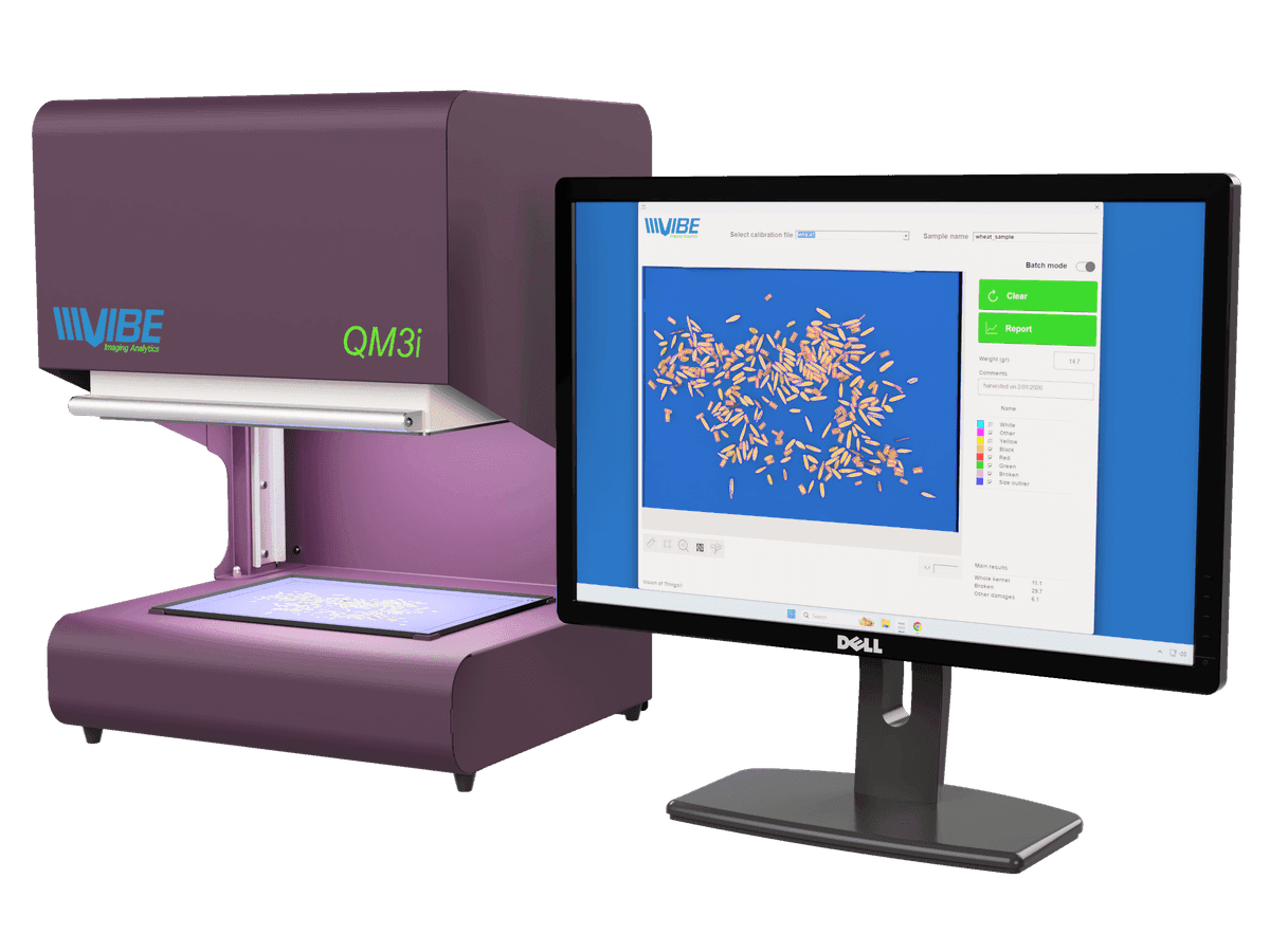 QM3i Analyzer with analysis software showing wheat kernel inspection and classification results
