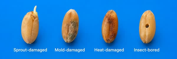 Cuatro granos de trigo en fila: dañado por germinación, por moho, por calor y por insectos